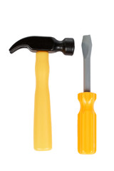 Yellow plastic toy screwdriver and hammer, kid workshop game tool. Isolated on white background