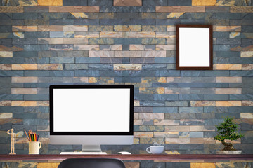 Comfortable workplace with modern desktop computer. Blank screen for graphic display montage.