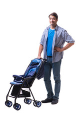 Young dad with child pram isolated on white