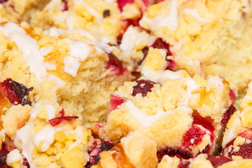 Fresh baked homemade crispy yeast cake with crumble and plum