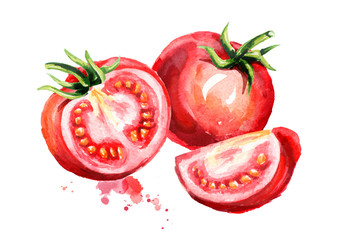 Ripe tomatoes illustration. Watercolor hand drawn composition, isolated on white background