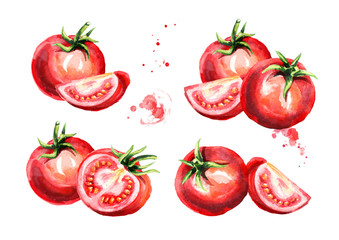 Ripe tomatoes set. Watercolor hand drawn illustration, isolated on white background