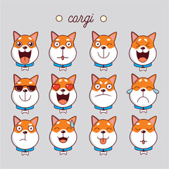 Dog corgi cute emoji, smiley icons set, vector, color, cartoon