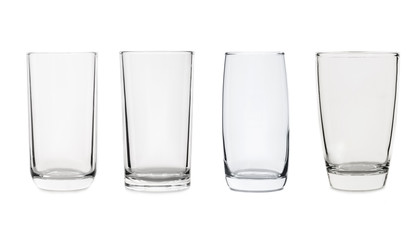 Empty glass collection isolated on white background.