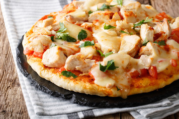 Buffalo pizza with chicken breast, tomato concasse and cheese close-up. horizontal