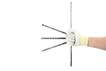 Drills in the horizontal hand in white glowe on white background isolated. Suitable for any purprose use.