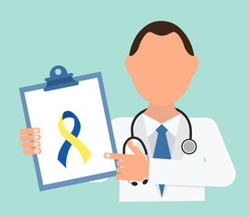 Доктор держит в руках бланк с изображением сине- жёлтой ленты. Символ болезни Дауна.