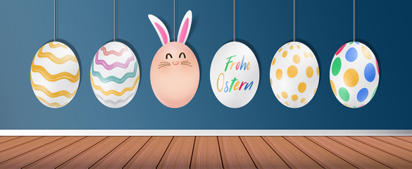 Bunte Ostereier. Frohe Ostern. Modern Easter background with colorful eggs and gold hanging. Template Easter greeting card, vector.