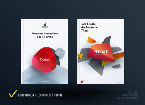 Business set of design brochure, abstract annual report, horizontal cover layout, flyer in A4 with vector colourful rounded shapes