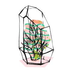 Hand drawn vector abstract illustration with rough terrarium and succulent plants in pastel color isolated on white background.Design for decoration,fashion,fabric,save the date,scandinavian decor