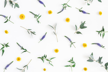 Flowers composition. Pattern made of colorful flowers on white background. Flat lay, top view