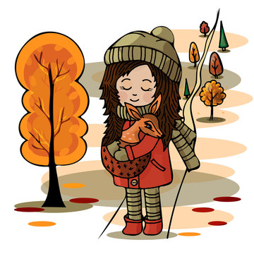 Cute girl with a deer in her hands in the autumn forest. Love, friendship with animals.