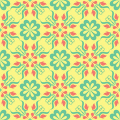 Fototapeta premium Floral seamless pattern. Bright colored background with pink and green flower elements