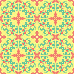 Multi colored seamless floral background. Pink blue green and yellow pattern