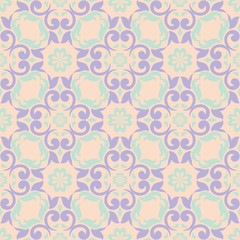 Beige floral seamless pattern with violet and blue designs
