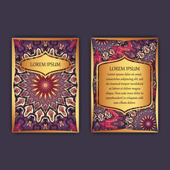 Vintage cards with floral mandala pattern and ornaments. Front page and back page. Luxury design.