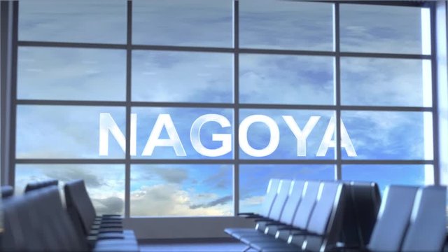 Commercial airplane landing at Nagoya international airport. Travelling to Japan conceptual intro animation