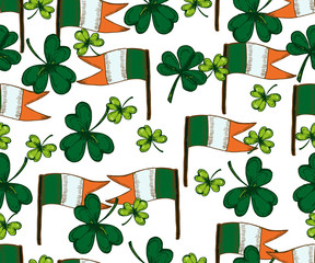 Vector Saint Patricks Day seamless pattern.  Clovers, shamrock, flag of Ireland.