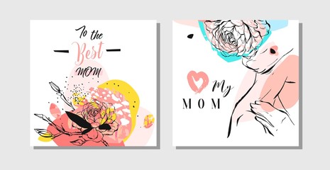 Hand drawn vector abstract greeting cards set with Happy Mother s Day typography and woman figure with abstract flowers isolated on white background,feminine design for card,invitation,save the date.