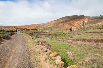 Haría, Lanzarote / Spain - January 26, 2018: A hiker walking through a typical canarian rural landscape with fields on the flank of a volcano, Haría, Lanzarote