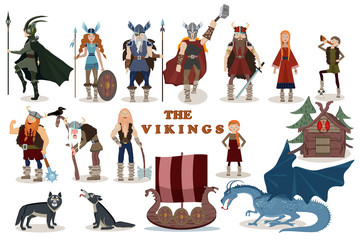 The Vikings. Viking cartoon characters. Valkyrie, berserker, warrior, old man, god Odin, god Thor, drakkar, wooden sail boat,  wooden house, wolves, dragon, girl, boy.Vector illustration. Flat style. - obrazy, fototapety, plakaty
