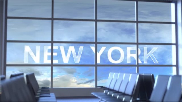 Commercial airplane landing at New York City international airport. Travelling to the United States conceptual intro animation