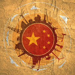 Fototapeta na wymiar Circle with industry relative silhouettes. Objects located around the circle. Industrial design background. Flag of the China in the center.
