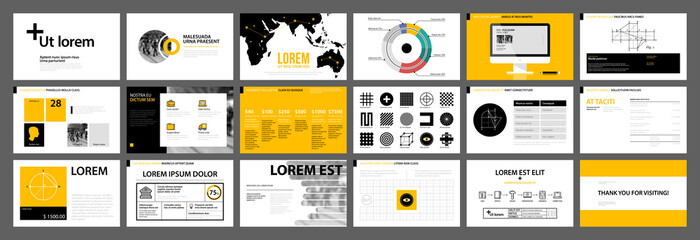 Presentation templates with infographics elements. Useful for annual reports and web design.