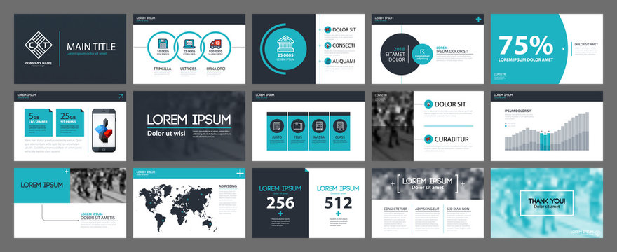 Presentation templates with infographics elements. Useful for annual reports and web design.