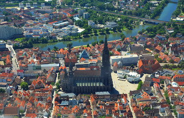 Closer Aerial view of Ulm Minster (Ulmer M&uuml;nster) and Ulm, south germany on a sunny summer day