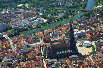 Closer Aerial view of Ulm Minster (Ulmer M&uuml;nster) and Ulm, south germany on a sunny summer day