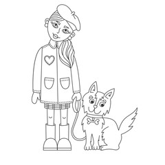 Doodle girl character with dog vector illustration