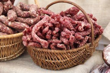 sausages, displayed in a farm butcher shop