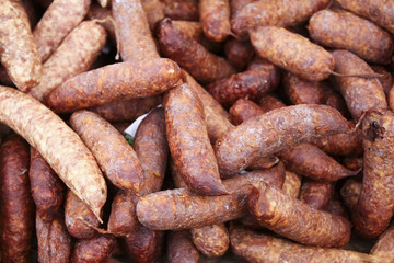 sausages, displayed in a farm butcher shop