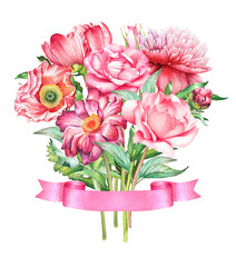 Watercolor illustration of the bouquet with pink flowers and a ribbon isolated on white background.
