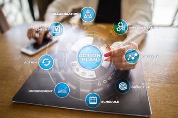 Action plan on the virtual screen. Planning concept. Business strategy.