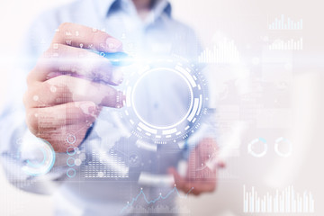 Internet, Business and technology concept. Icons, diagrams and graphs background on virtual screen.
