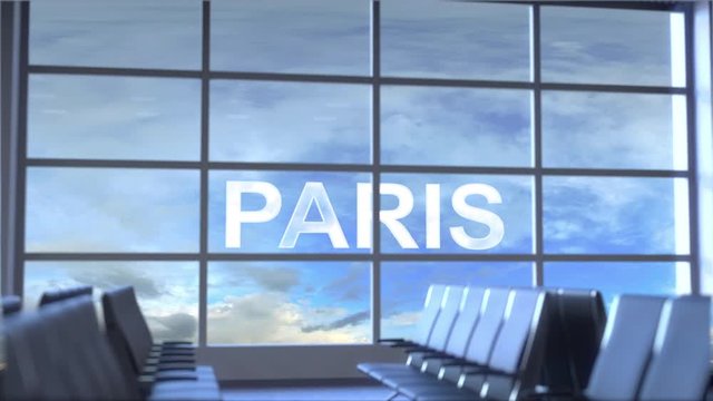 Commercial airplane landing at Paris international airport. Travelling to France conceptual intro animation
