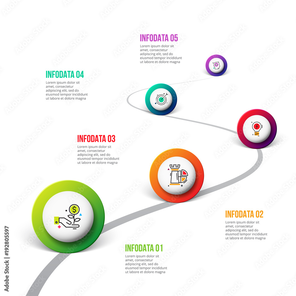 Poster Vector road infographic with circles. Timeline template with 5 markers on a curved road line. Business data visualization. Process chart. Abstract diagram.