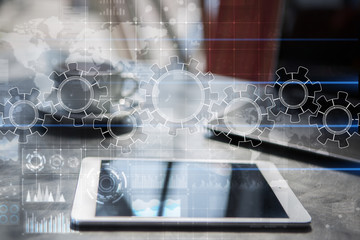 Gears on virtual screen. Business strategy and technology concept. Automation process.