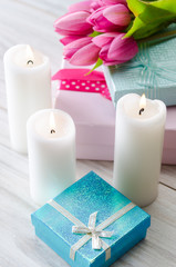 Giftbox arranged on the table in saint valentine holiday concept