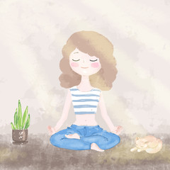 Young pretty girl practices yoga in sunny room. Hand painted illustration