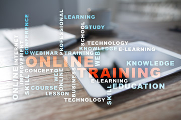 Online training on the virtual screen. Education concept. Words cloud.