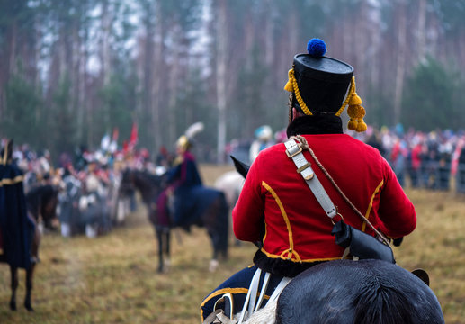 Soldiers in the old form on the reconstruction of the battle with Napoleon