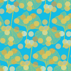Hand drawn ginkgo leaves vector pattern in golden and turquoise blue colors palette