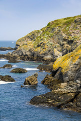 Fototapeta premium Blue sea, black rocks and tormented cliff on the wild coast of Belle-Ile, Brittany, France