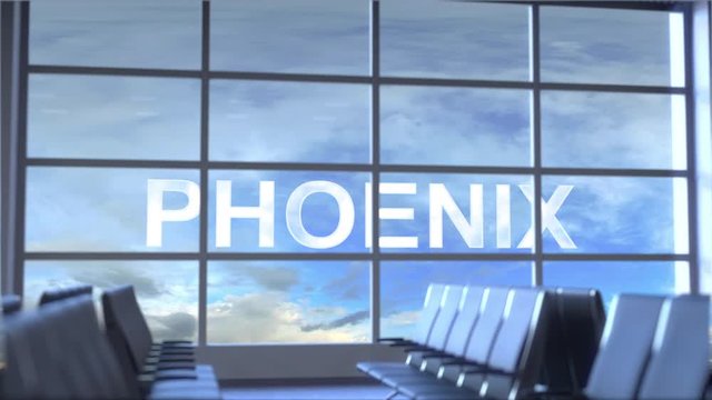 Commercial airplane landing at Phoenix international airport. Travelling to the United States conceptual intro animation