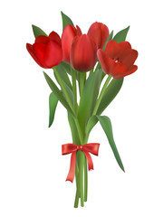 Bouquet of red tulips. Spring flowers. Floral decor for a greeting card. Realistic vector.