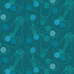 Hand drawn incandescent and LED light bulbs vector pattern background in blue, teal and green colors palette