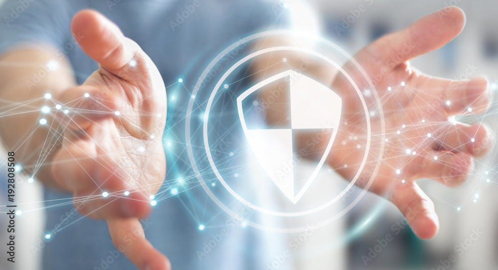Aufkleber businessman using shield safe protection with connections 3d rendering